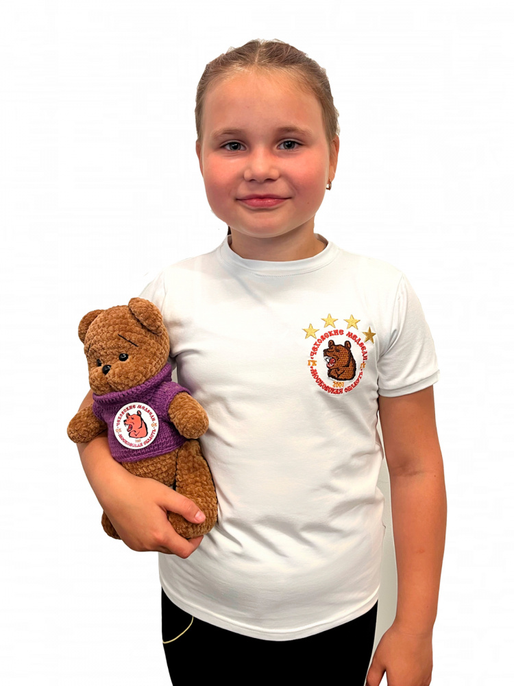 Детская белая футболка с логотипом «Чеховских медведей» + нанесение мишки с 4-мя звездами