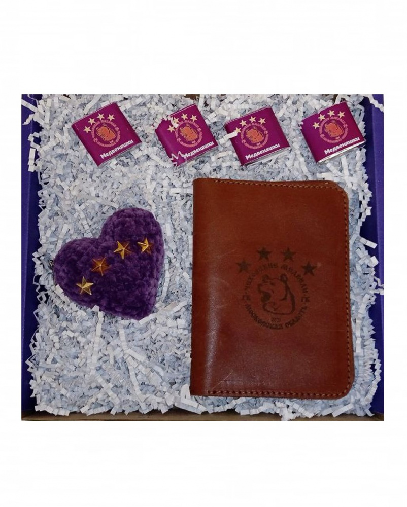 Подарочный набор (Кожаное портмоне для документов+ брелок со звездами+ медвеняшки)