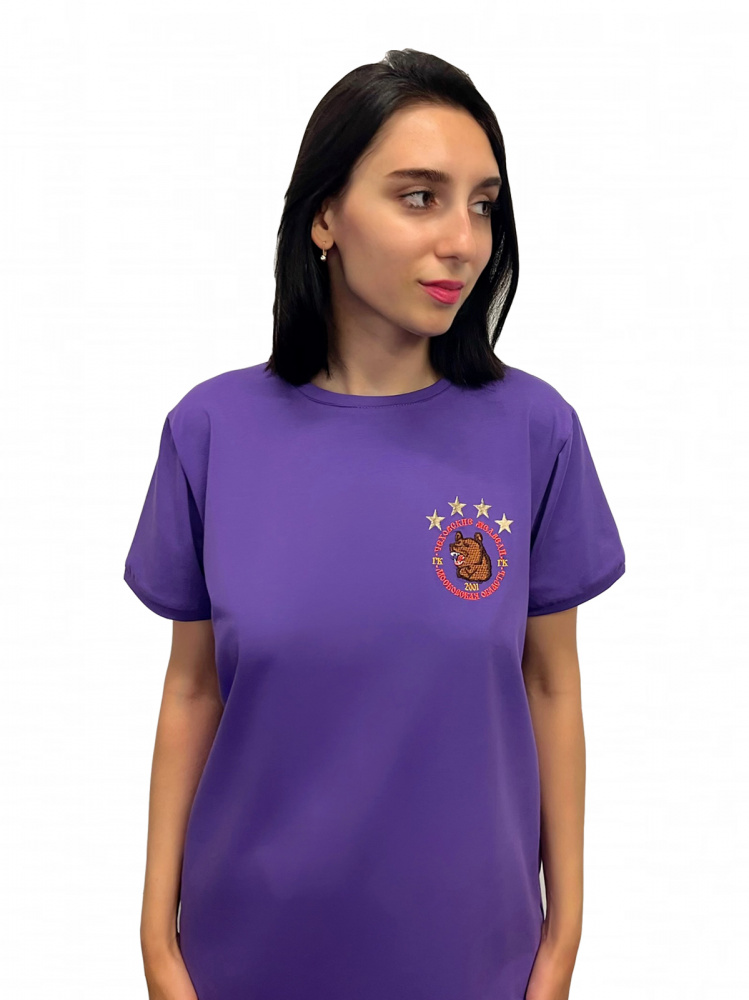 Футболка с вышивкой логотипа «Чеховские медведи» + нанесение «Гандболист в прыжке» на спине | фиолетовая | Размер: L
